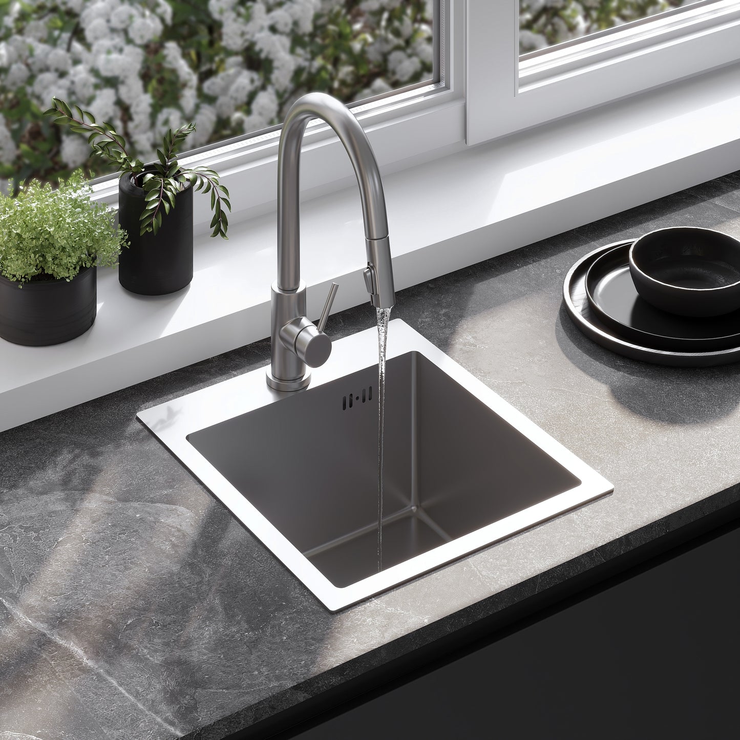 Chiuvetă Inox Leo 40 Brush Nickel cu robinet de bucătărie 1