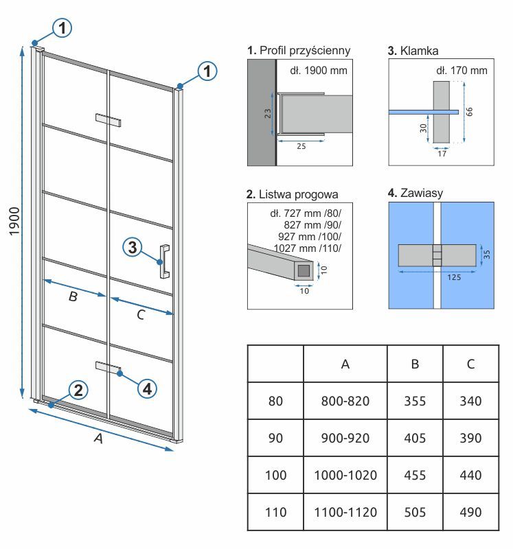 Ușă de duș Rea Molier neagră 90 + profil 5