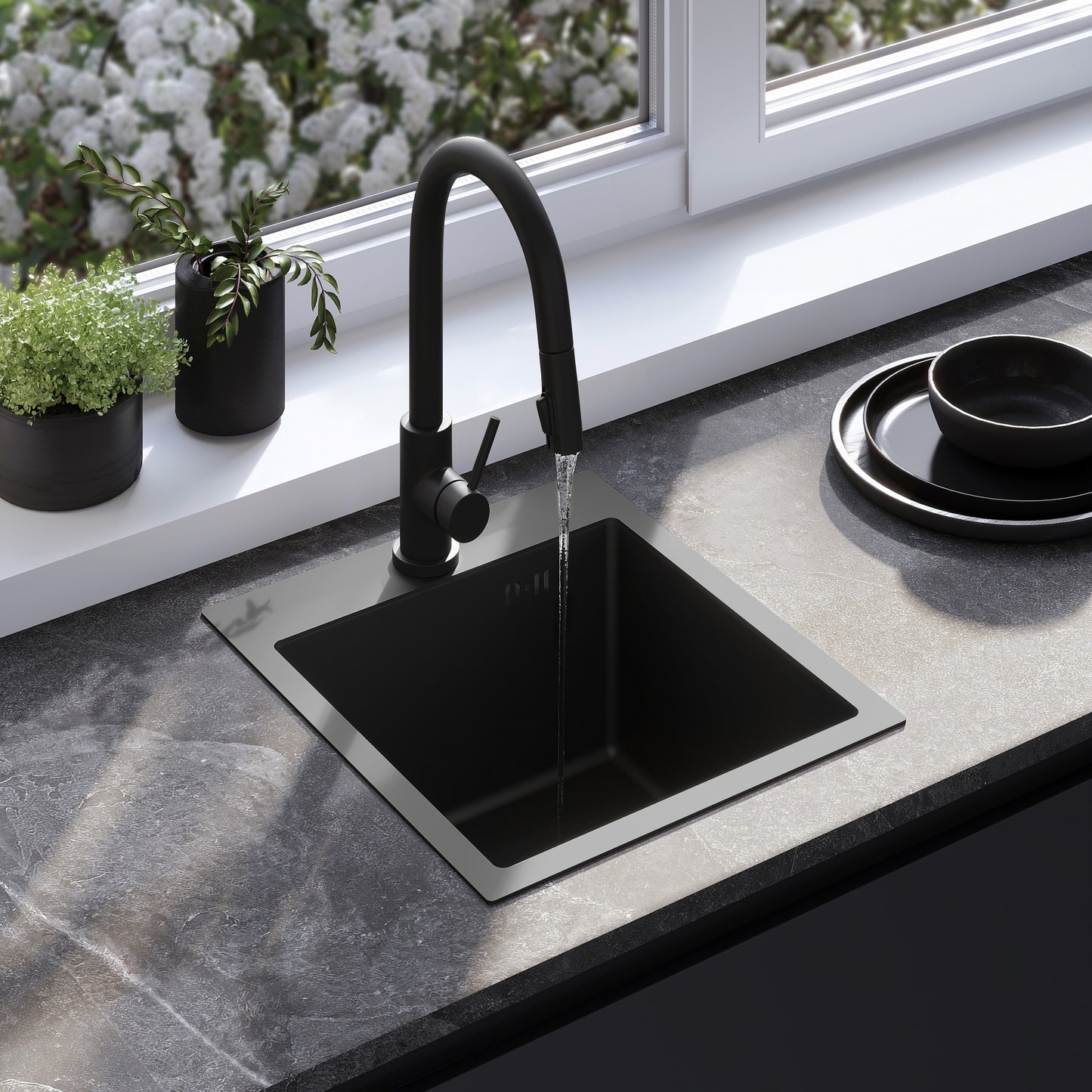 Chiuvetă Inox Leo 40 Black cu robinet de bucătărie 1