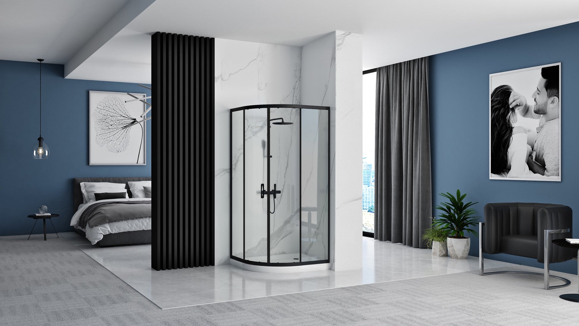 Cabina dus REA Look Black 90x90 + Cada de duș Look White  2