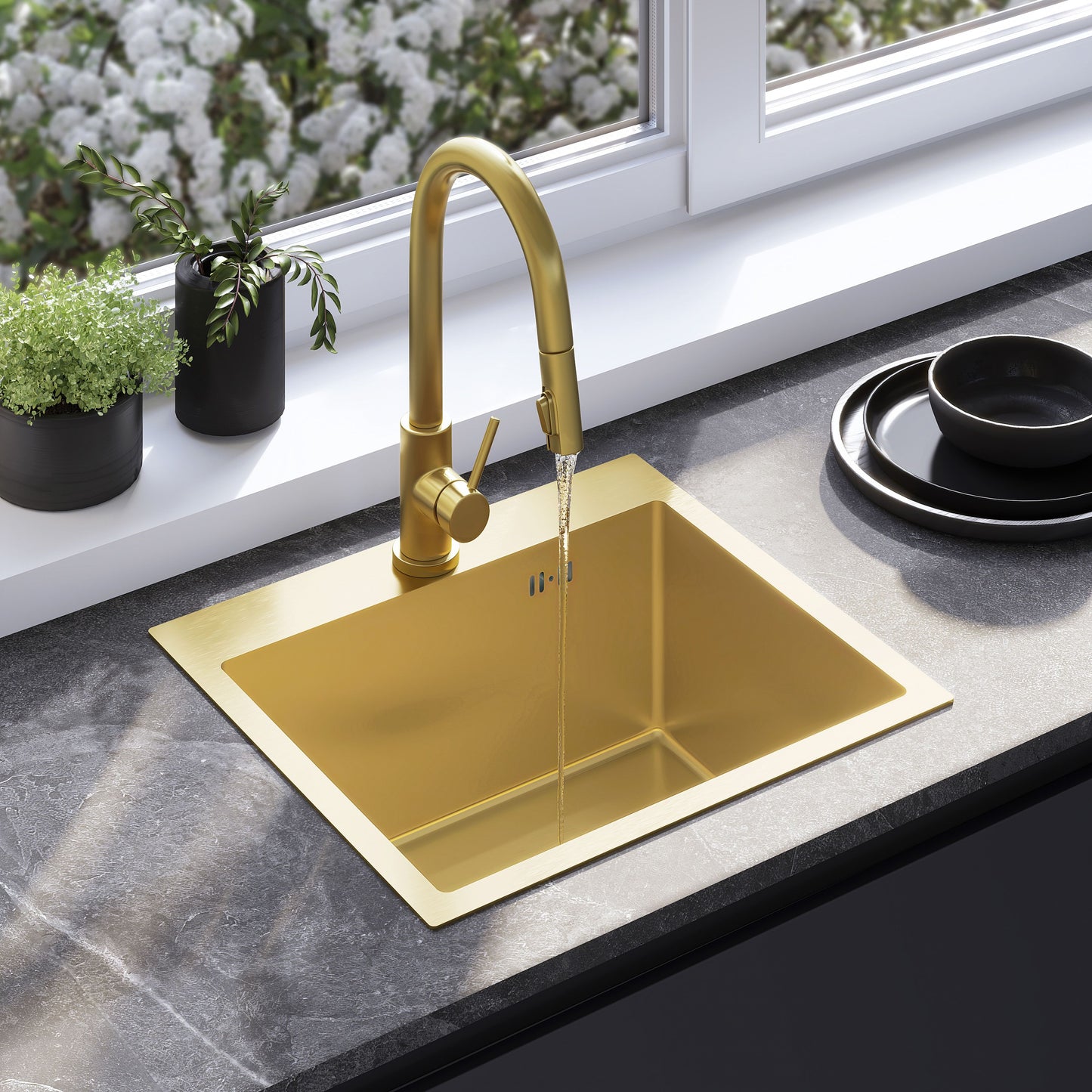 Chiuvetă Din Oțel Cu Set De Accesorii 3 Buc. REA Leo 50 Brush Gold Accesorii Negre 9