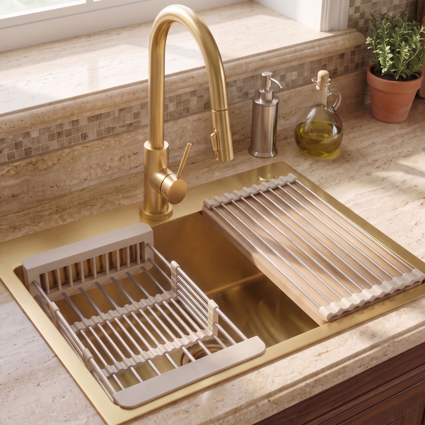 Chiuvetă Din Oțel Cu Set De Accesorii 3 Buc. REA Liam Brush Gold Accesorii Bej 13