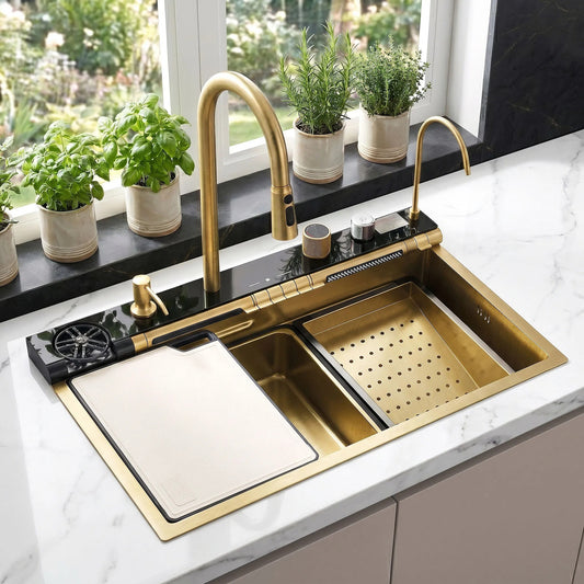 Chiuvetă multifuncțională din oțel 10 în 1 REA Alonzo Brush Gold  1