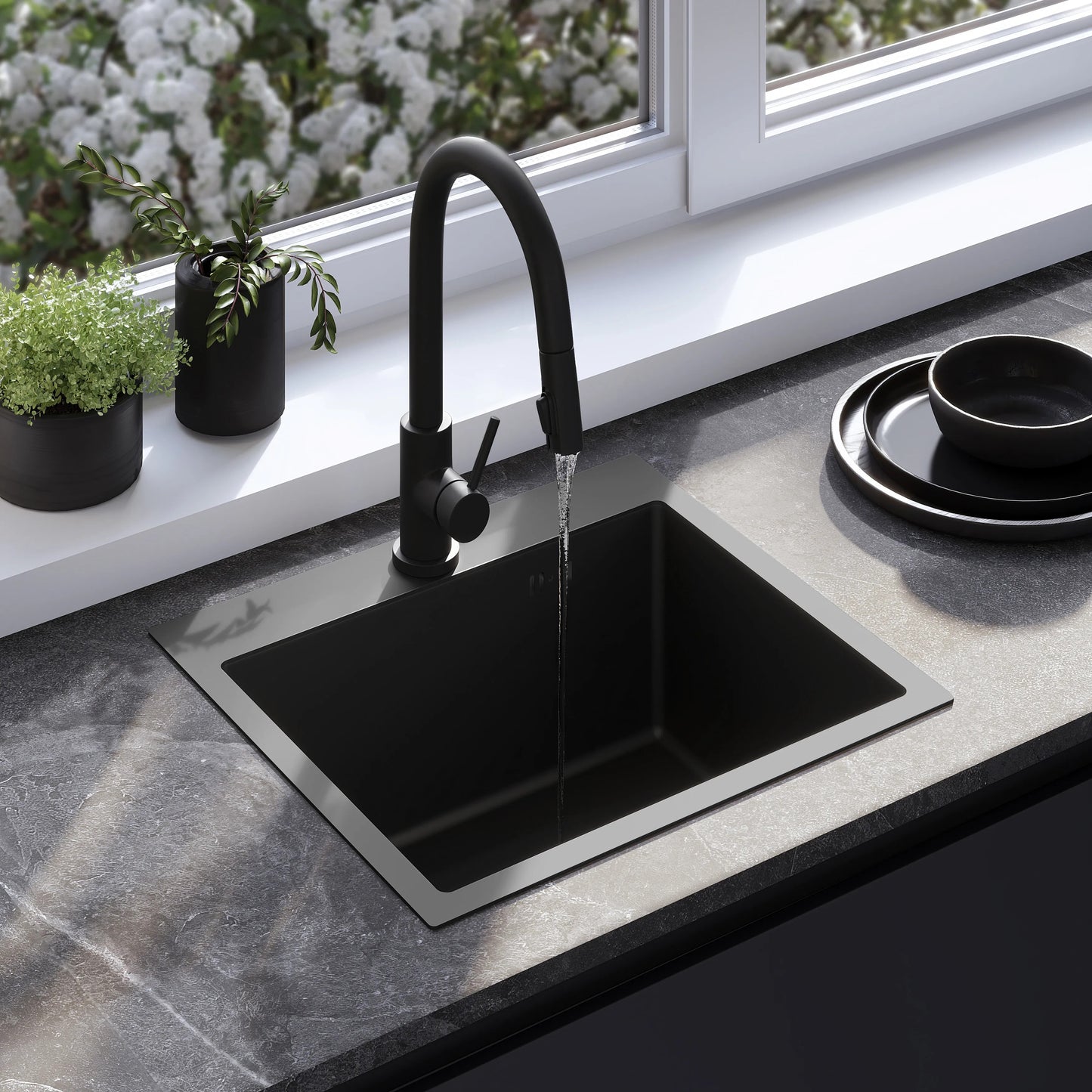 Chiuvetă inox Leo 50 Black cu robinet de bucătărie 1
