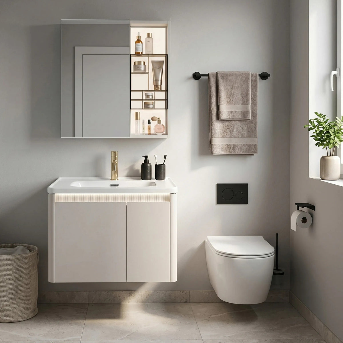 Set Mobilier De Baie Cu Lavoar DE07-60 Beige 60CM 1