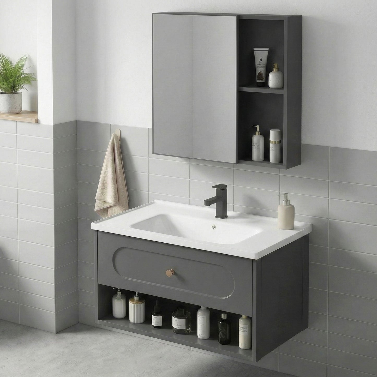 Set mobilier de baie cu lavoar River 60cm Grey  3