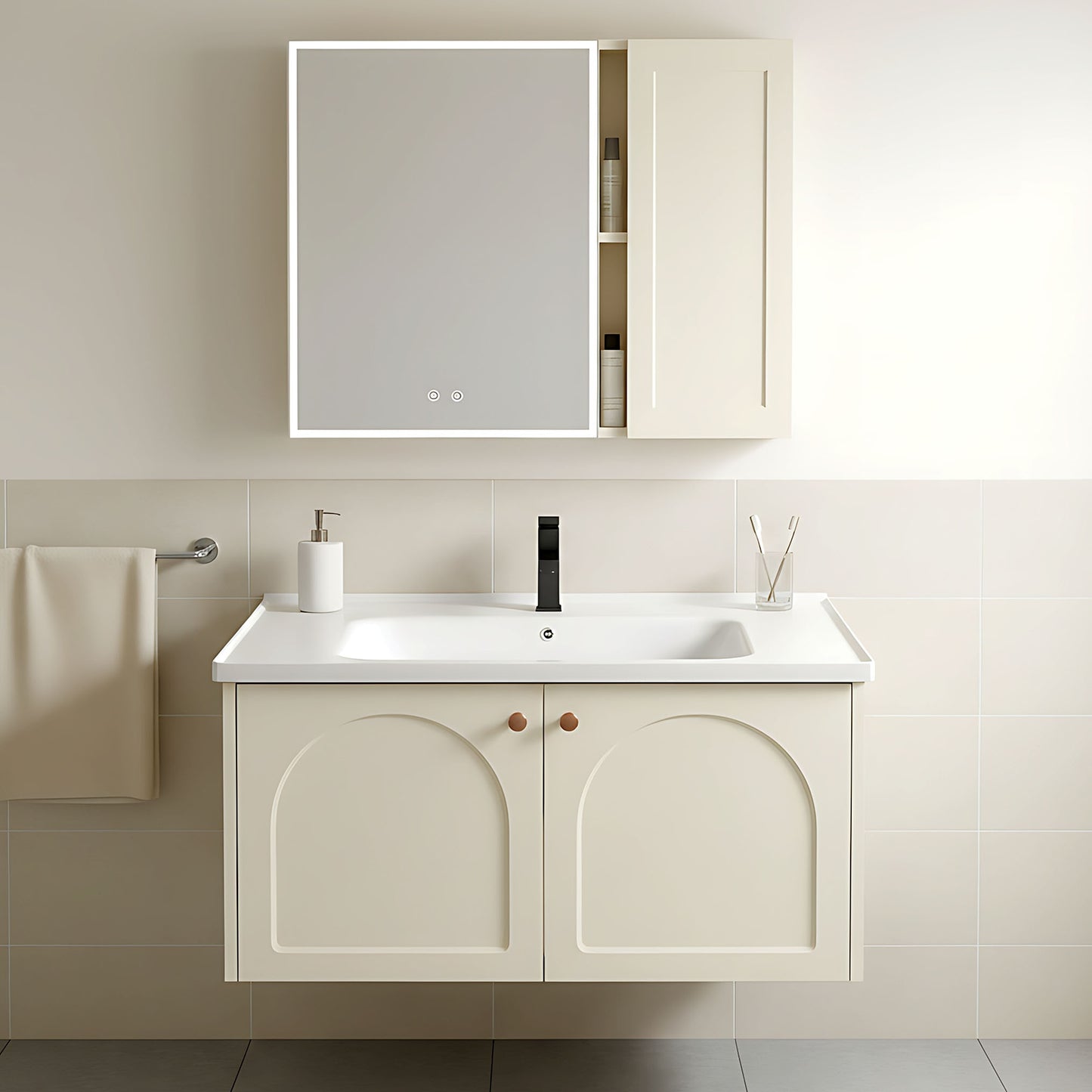 Set mobilier de baie cu lavoar Denver 80cm Creme  1
