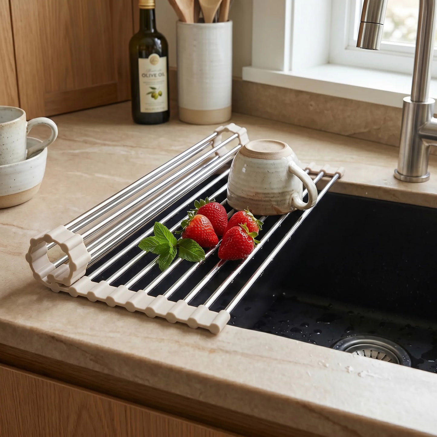 Suport Rulabil Pentru Scurgerea Vaselor Pe Chiuvetă REA P12298B Beige 3