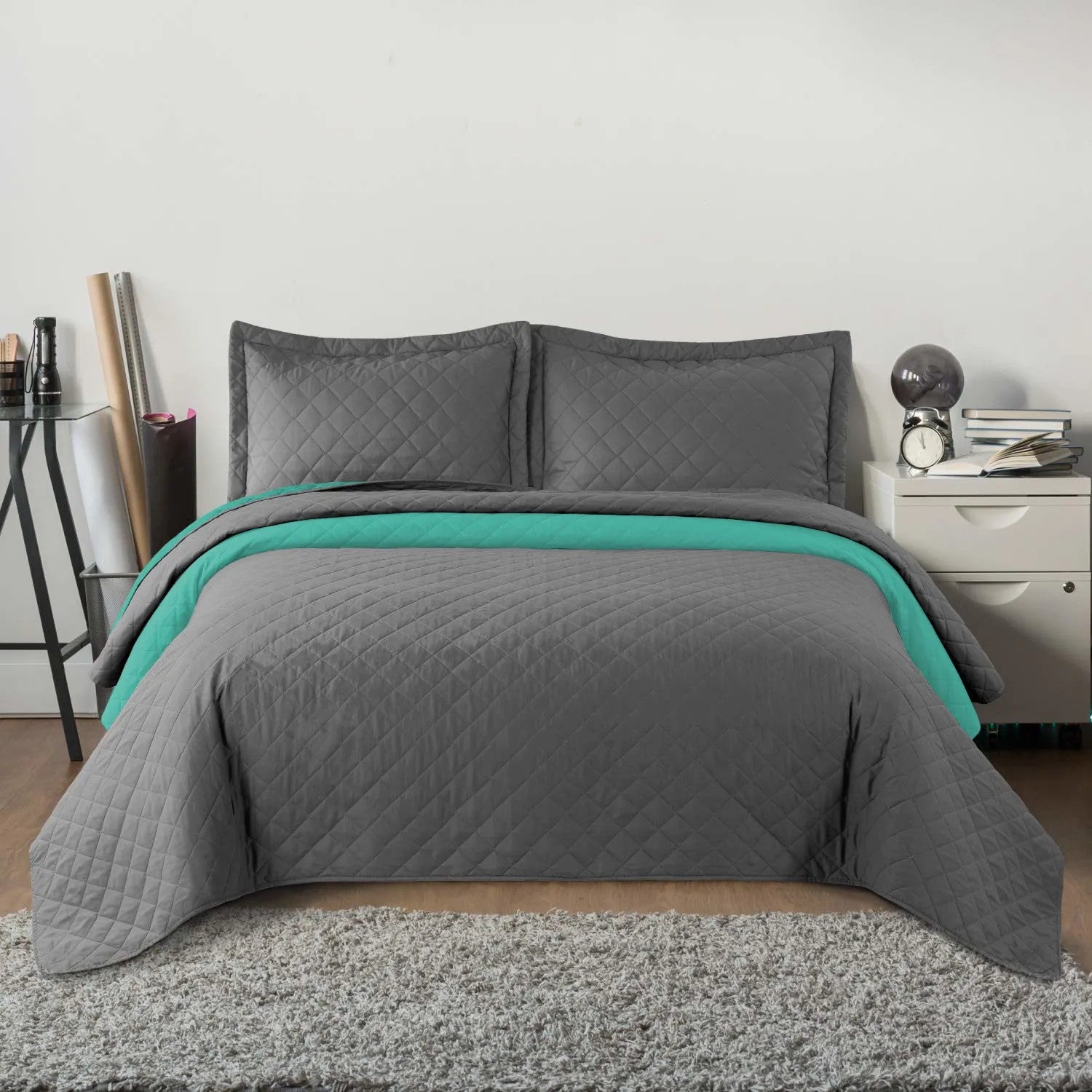 Cuvertura Cu Doua Fete Matlasata Inez Gri Inchis-Menta 220x240 3