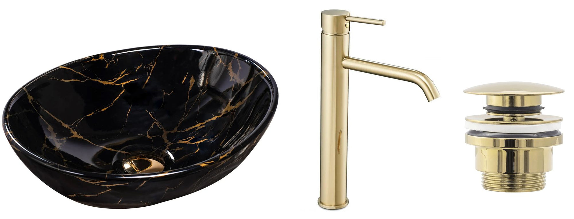 Set lavoar Sofia marble black + baterie inalta Lungo gold + dop universal gold 9