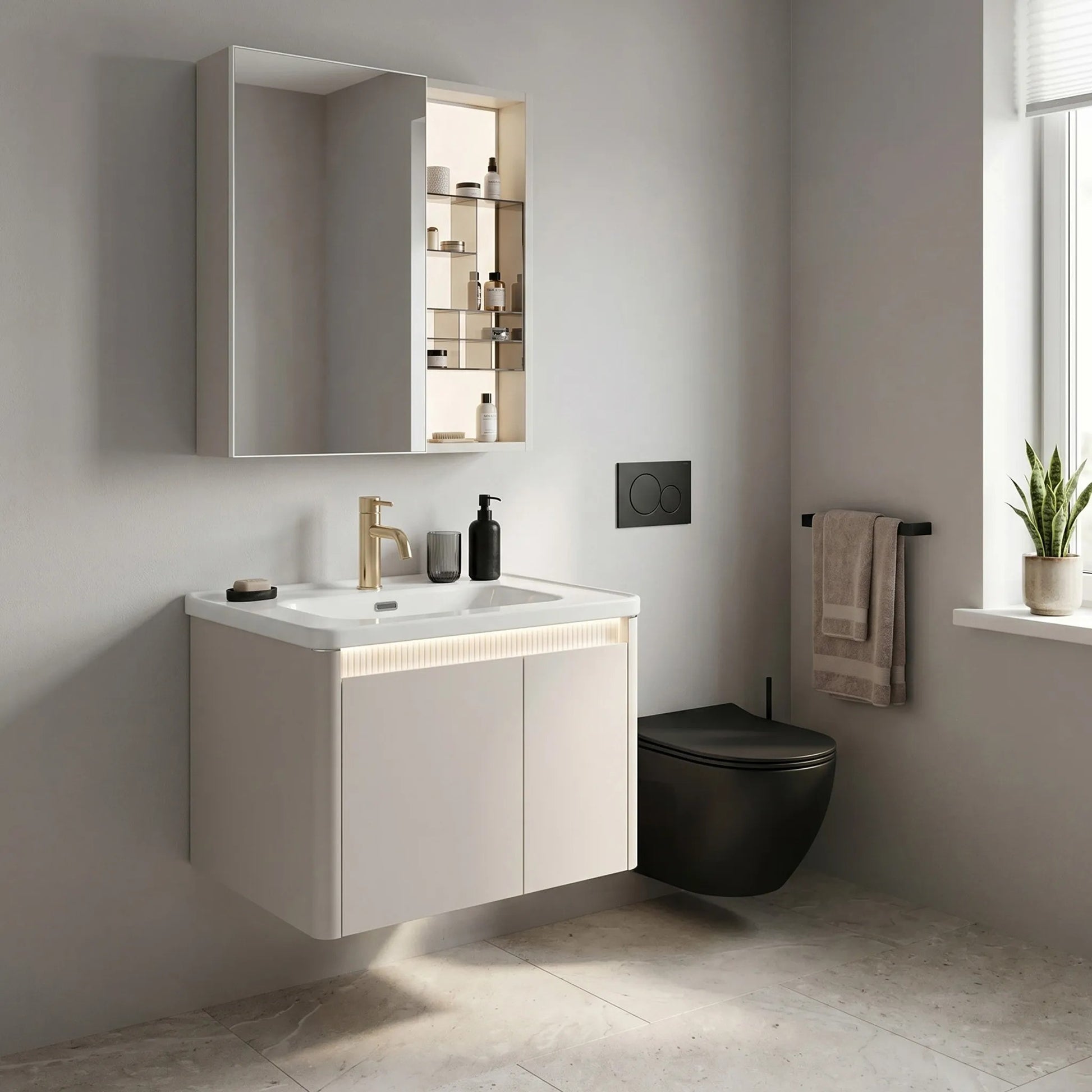 Set Mobilier De Baie Cu Lavoar DE07-60 Beige 60CM 4