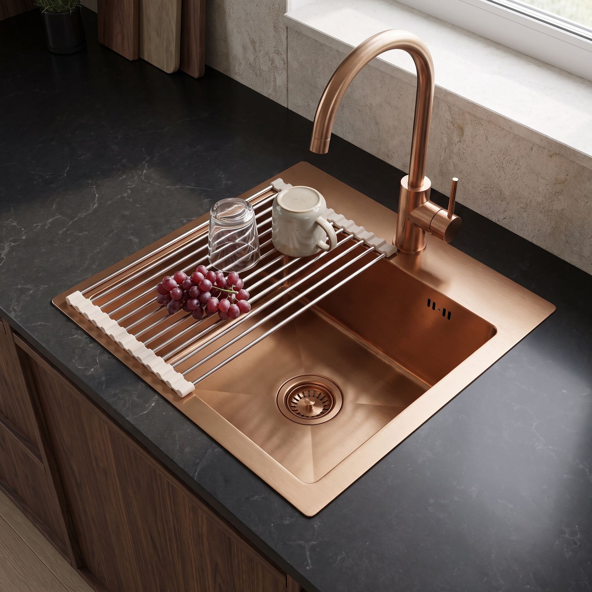 Chiuvetă Din Oțel Cu Set De Accesorii 3 Buc. REA Leo 40 Brush Copper Accesorii Bej 4