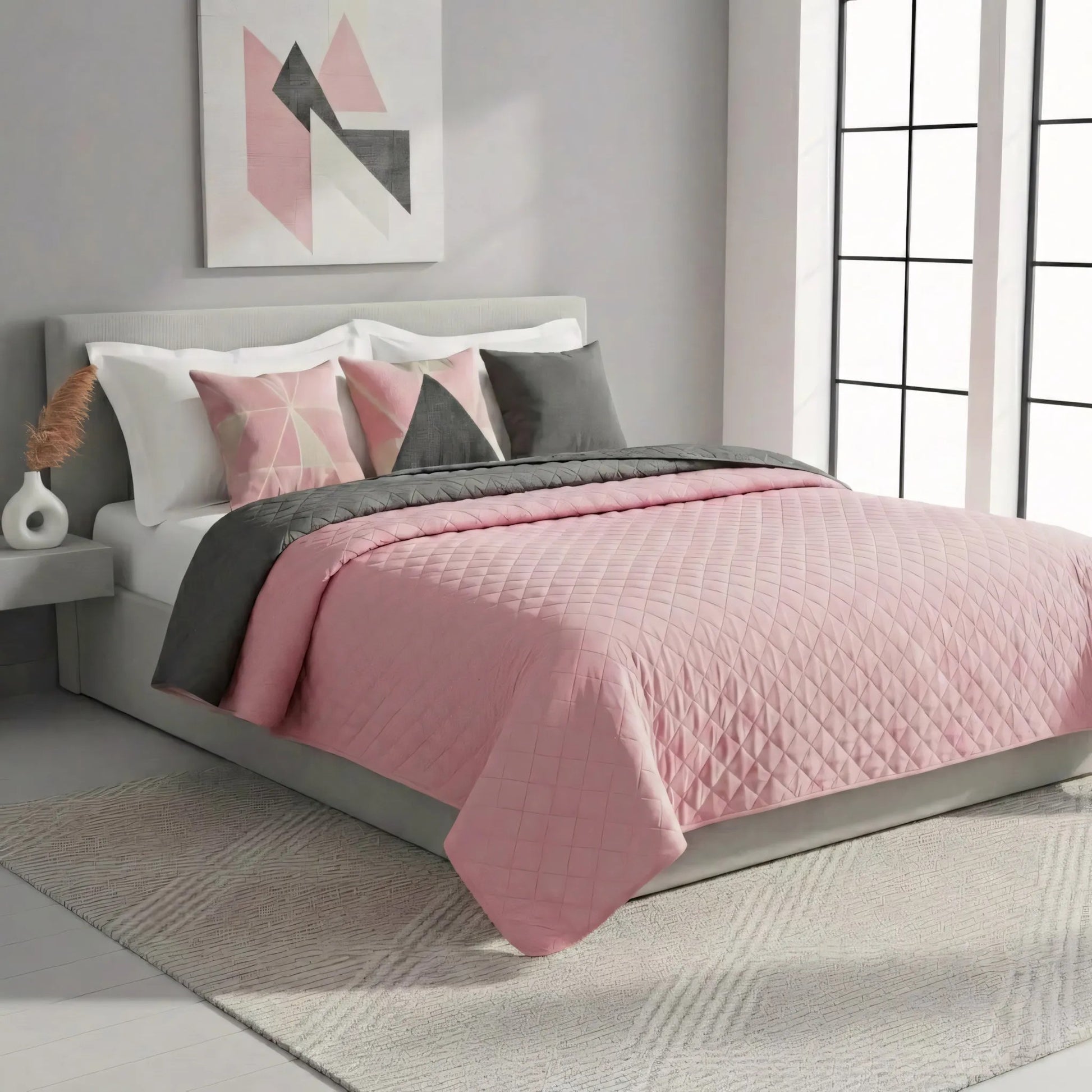 Cuvertura Cu Doua Fete Matlasata Inez Gri Inchis-Roz 220x240 5