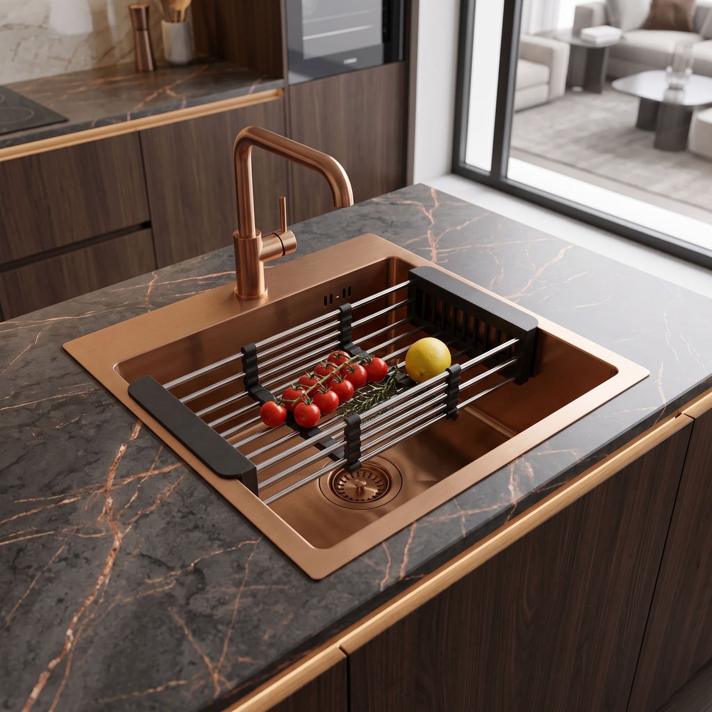 Chiuvetă Din Oțel Cu Set De Accesorii 3 Buc. REA Leo 40 Brush Copper Accesorii Bej 2