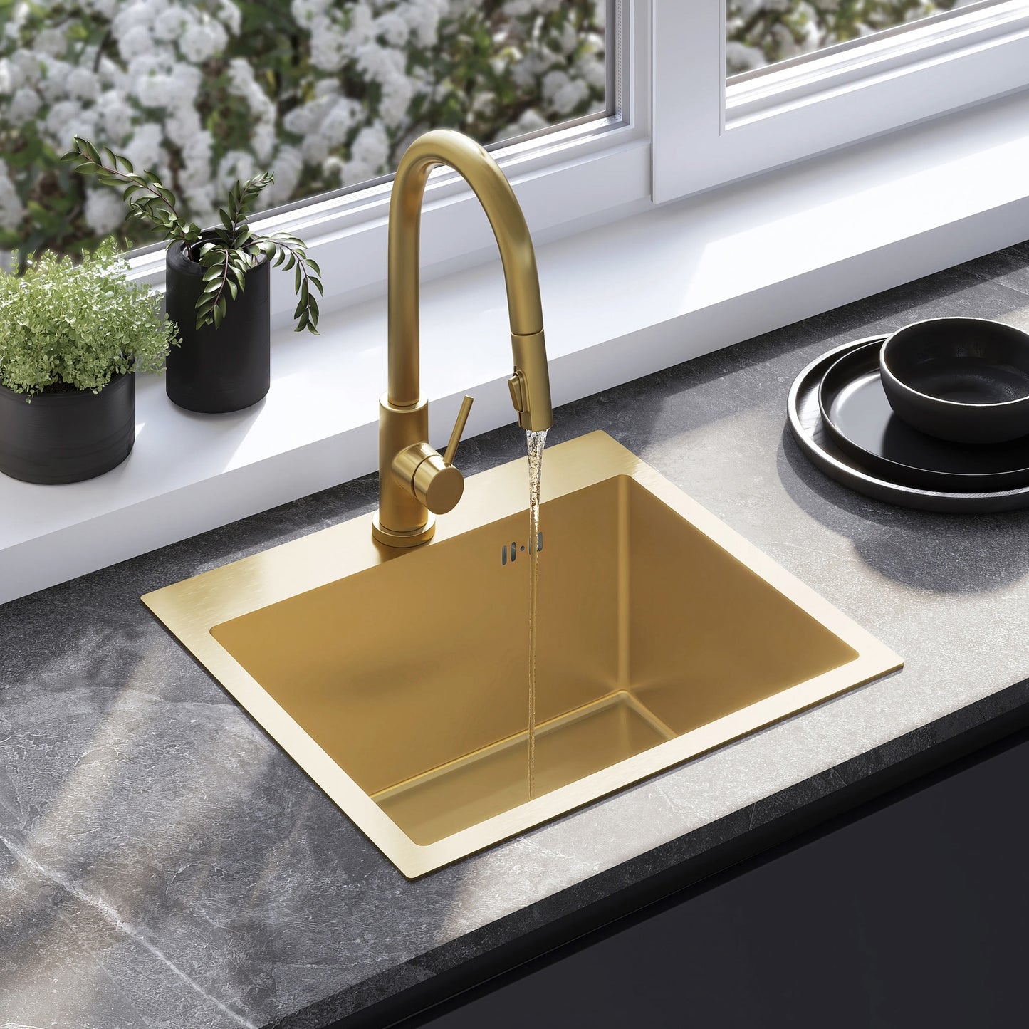 Chiuvetă inox Leo 50 BRUSH GOLD cu robinet de bucătărie 1