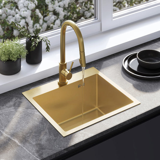 Chiuvetă inox Leo 50 BRUSH GOLD cu robinet de bucătărie 1