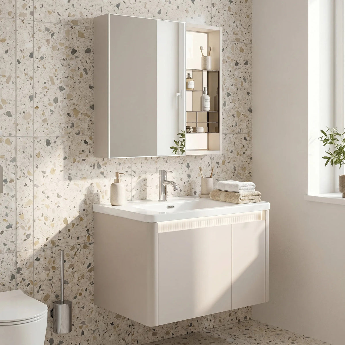 Set Mobilier De Baie Cu Lavoar DE07-60 Beige 60CM 6