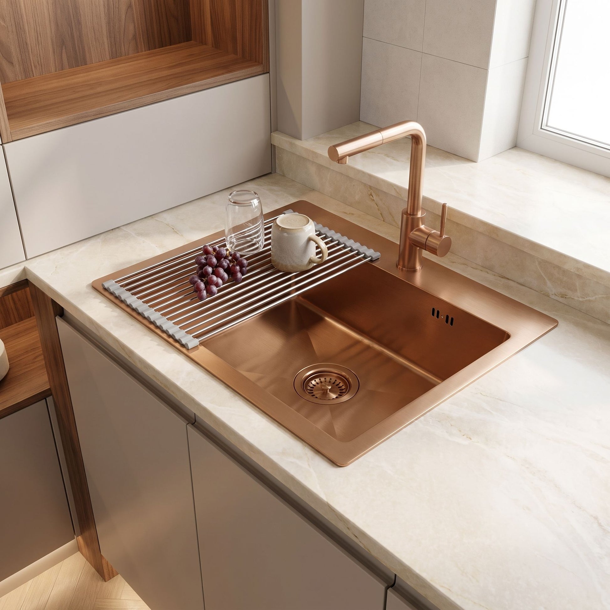 Chiuvetă Din Oțel Cu Set De Accesorii 3 Buc. REA Leo 50 Brush Copper Accesorii Bej 5