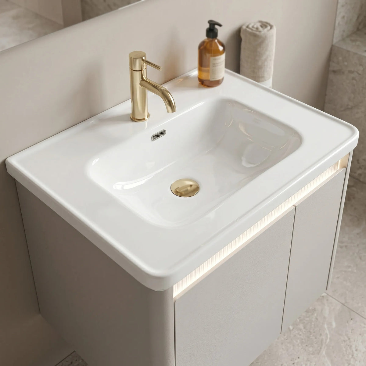 Set Mobilier De Baie Cu Lavoar DE07-60 Beige 60CM 7