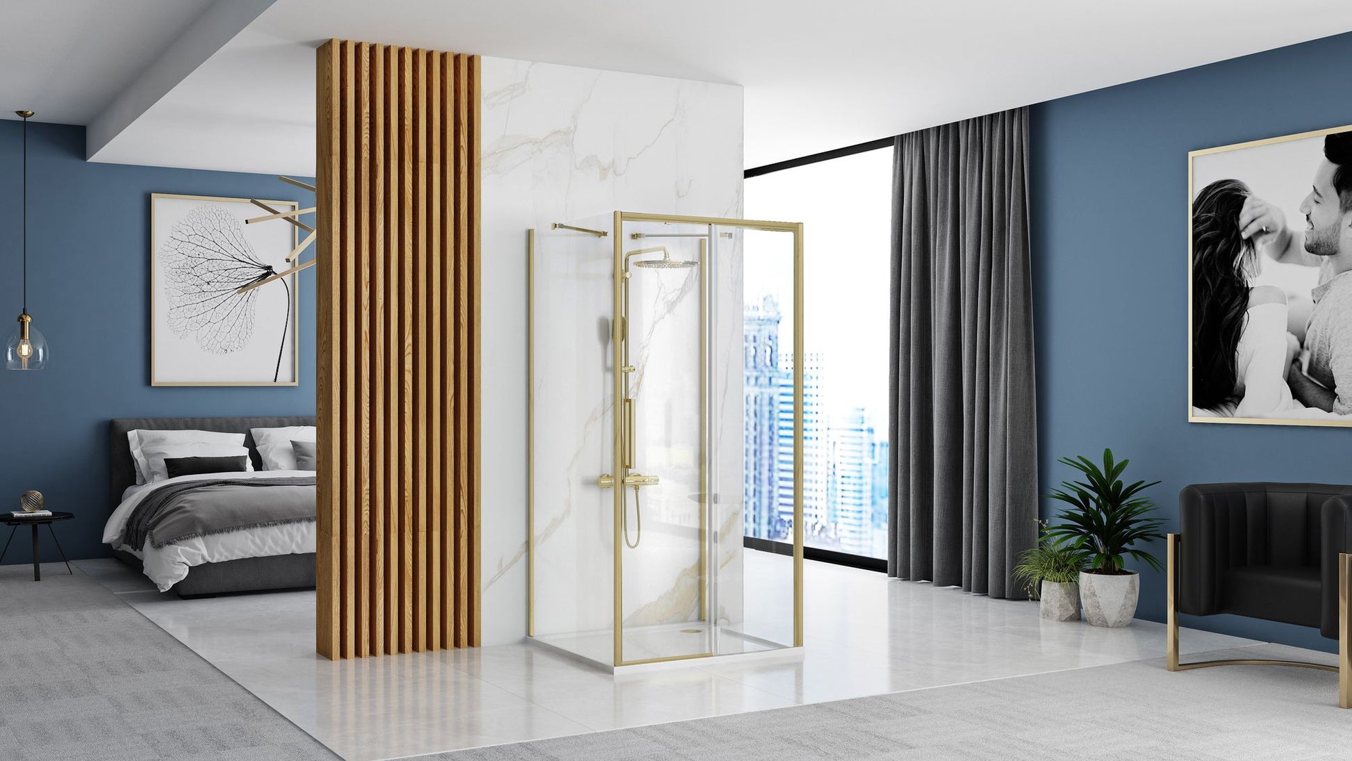 Cabina de dus de perete REA Rapid Slide  Brush Gold Usa: 100 Perete: 80 3