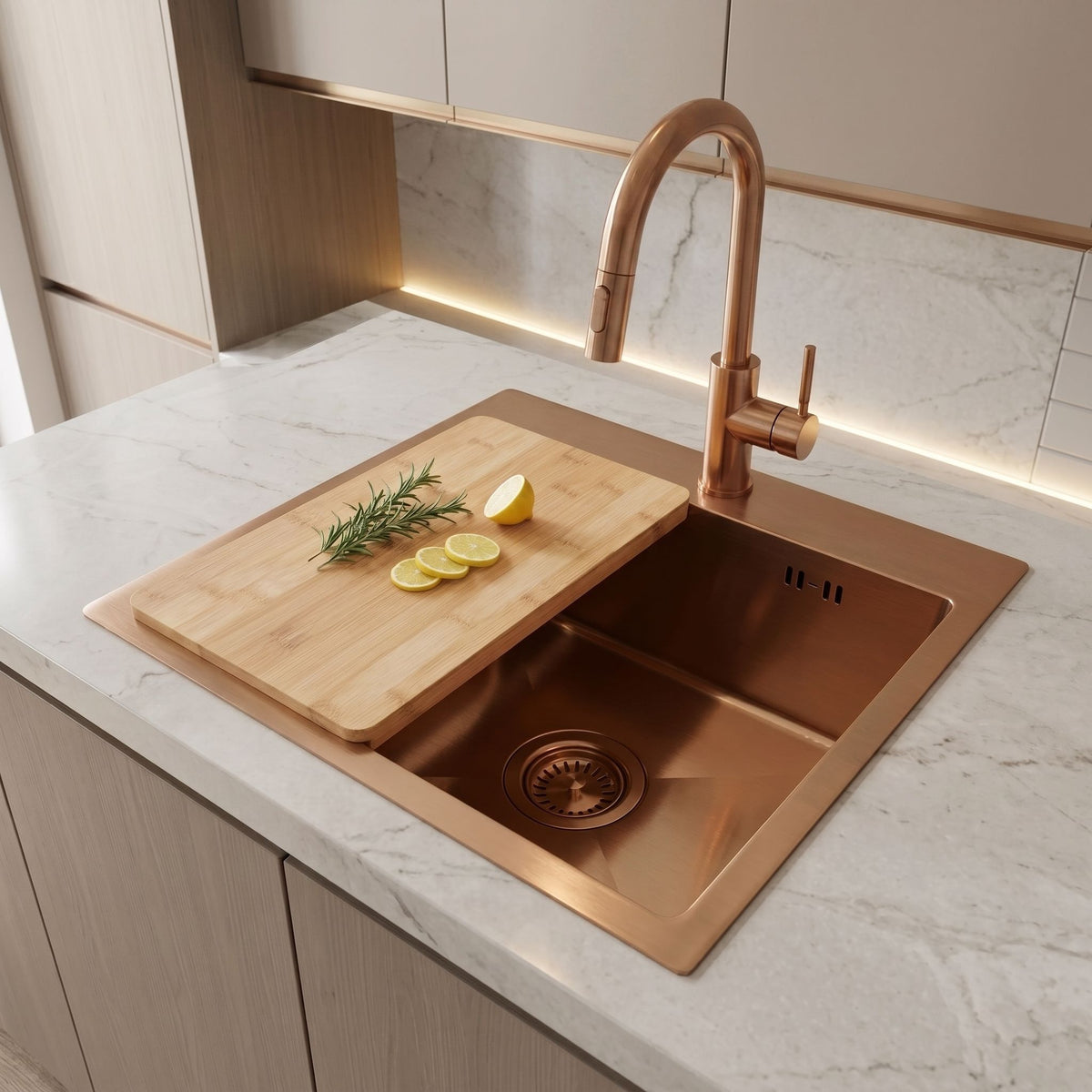 Chiuvetă Din Oțel Cu Set De Accesorii 3 Buc. REA Leo 40 Brush Copper Accesorii Negre 3