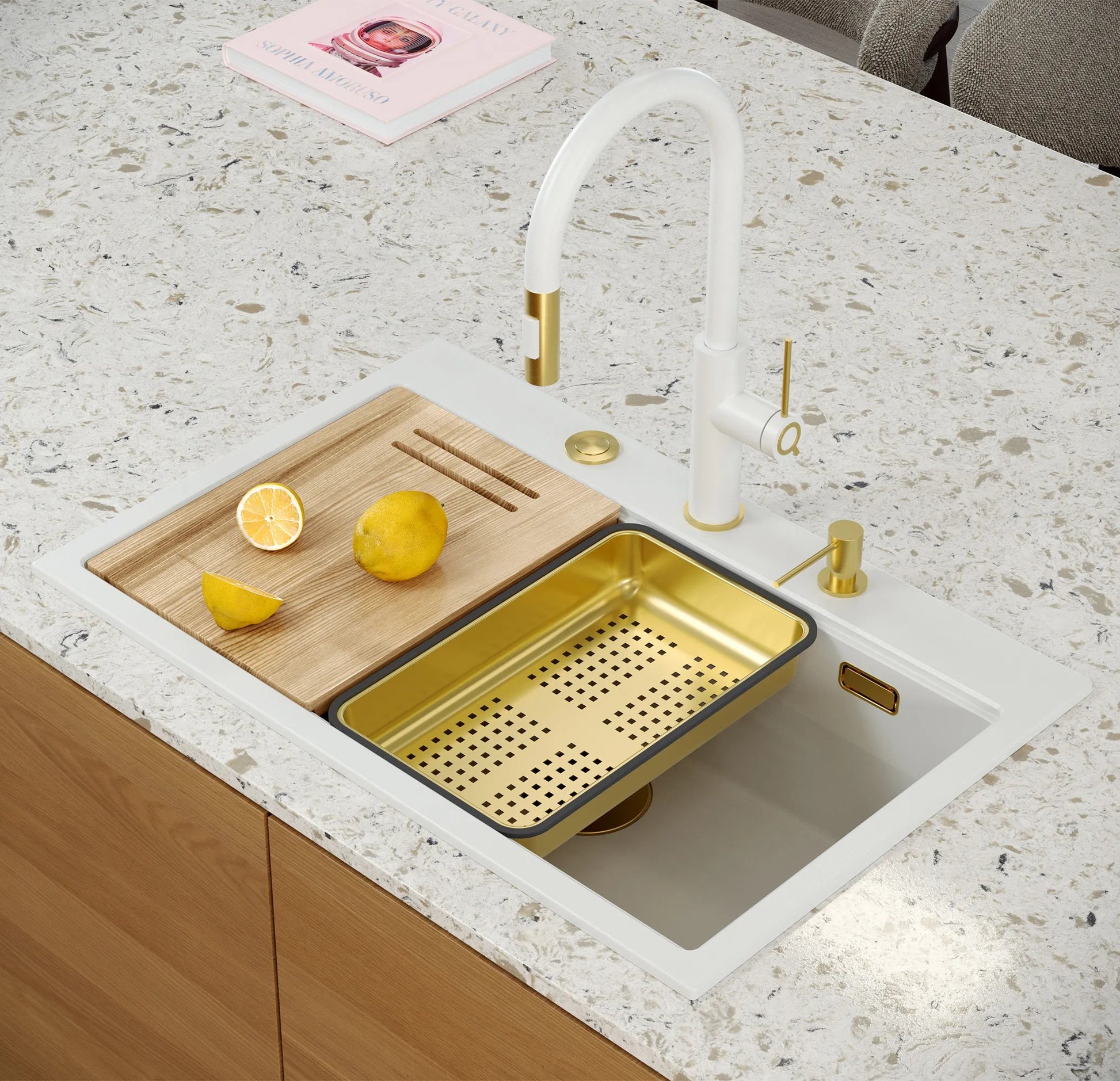 Chiuveta Din Granit MARC 110 WORKSTATION White Dop Auriu 8