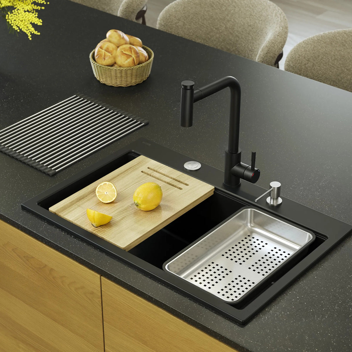 Chiuveta Din Granit MARC 110 WORKSTATION Black Dop Auriu 8