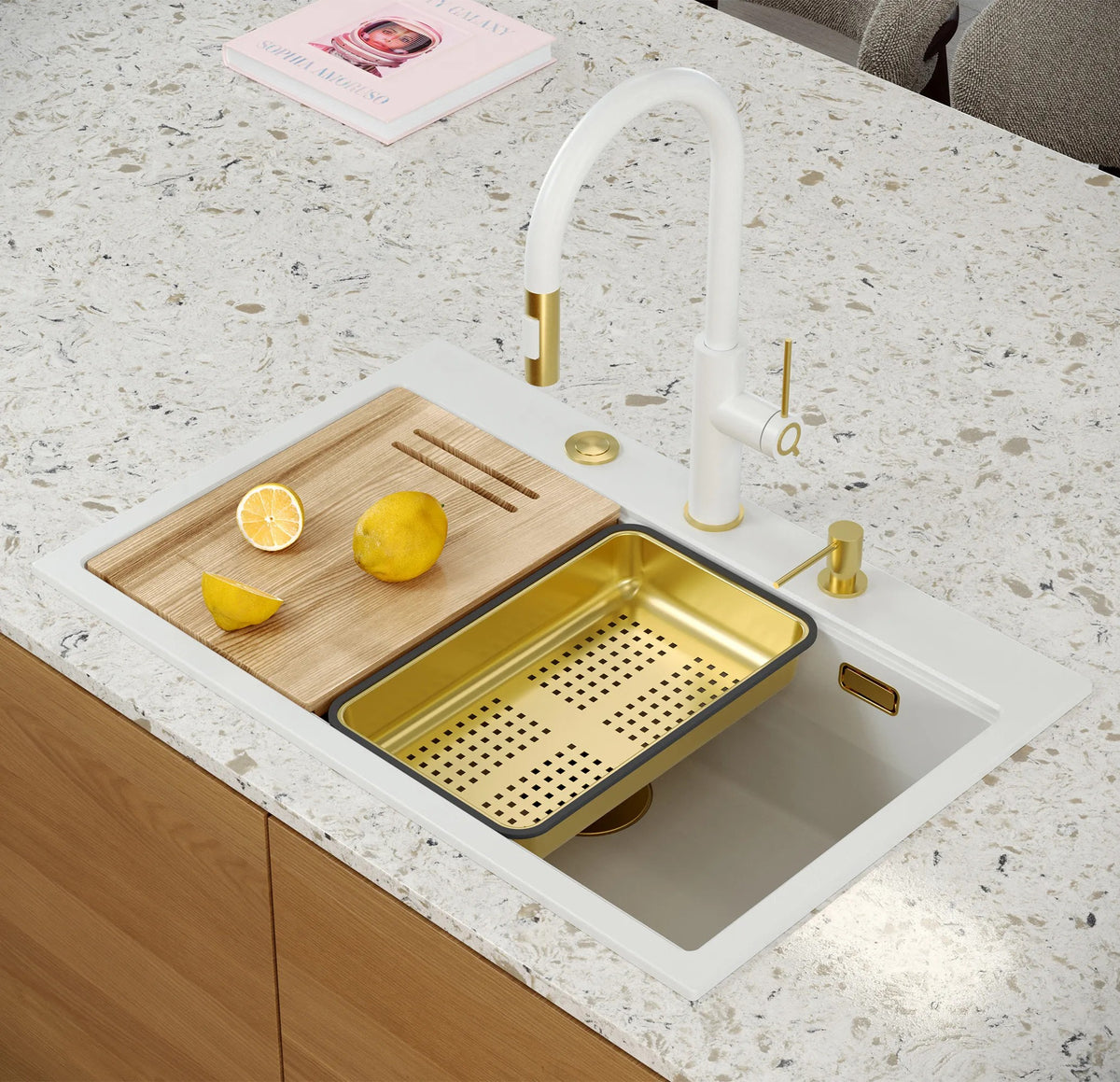 Chiuveta Din Granit MARC 110 WORKSTATION White Dop Cupru Periat 8