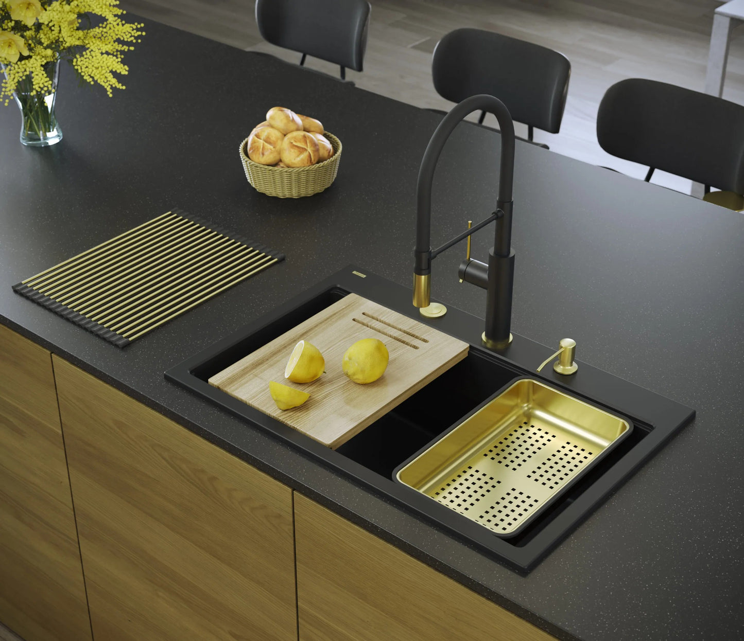 Chiuveta Din Granit MARC 110 WORKSTATION Black Dop Auriu 9