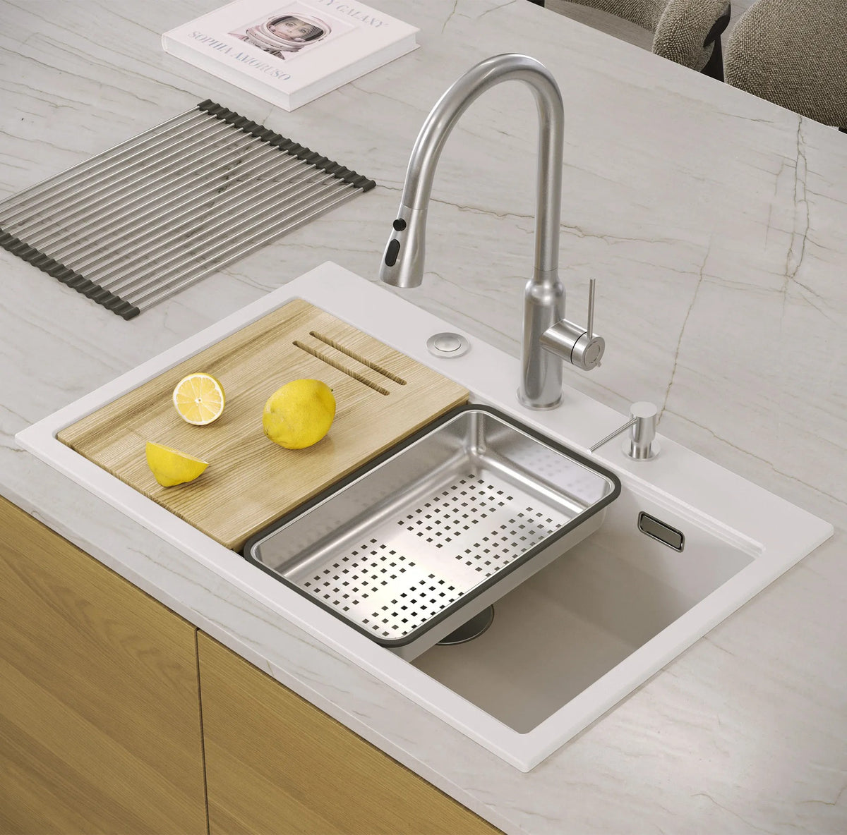 Chiuveta Din Granit MARC 110 WORKSTATION White Dop Auriu 9