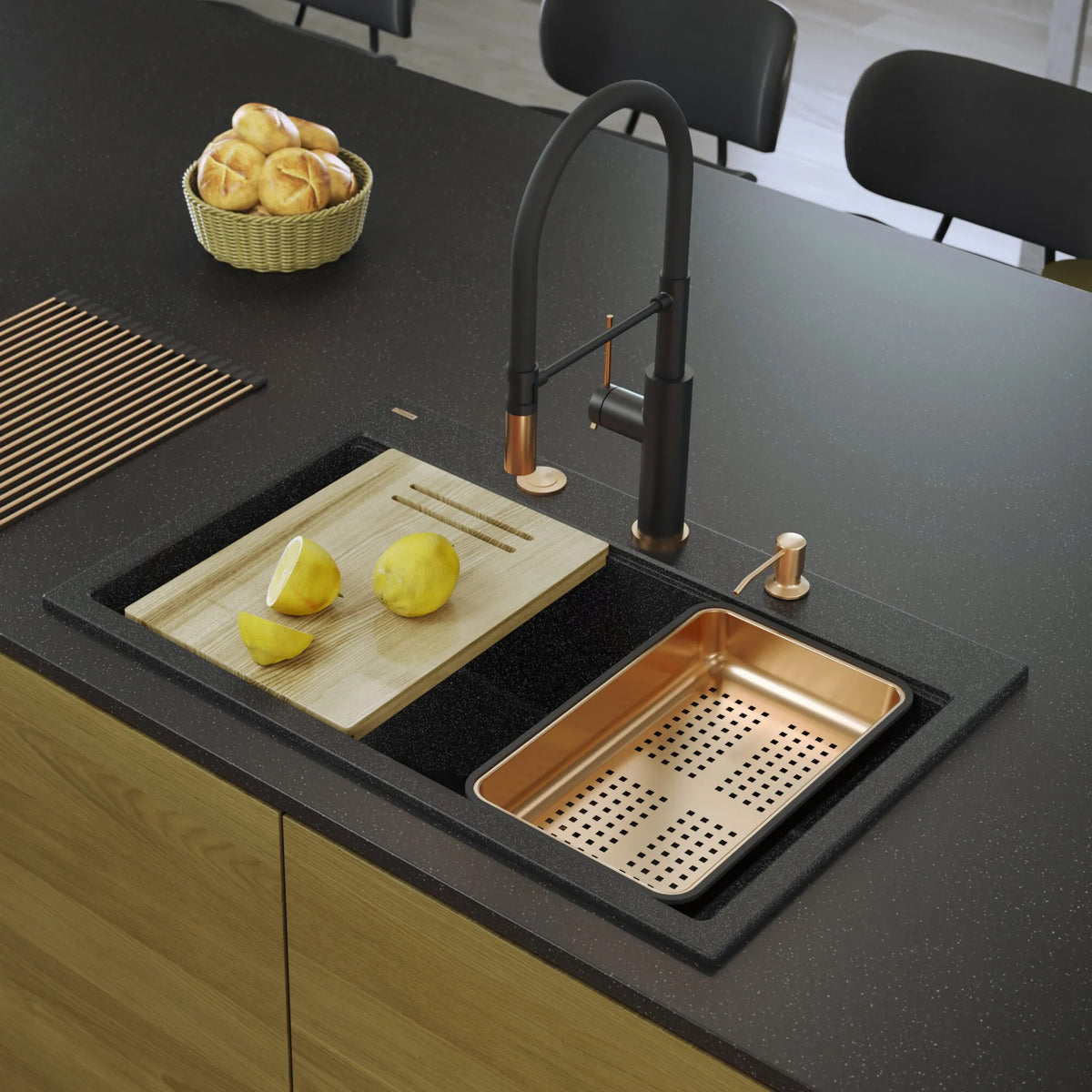 Chiuveta Din Granit MARC 110 WORKSTATION Black Metallic Dop Cupru Periat 9
