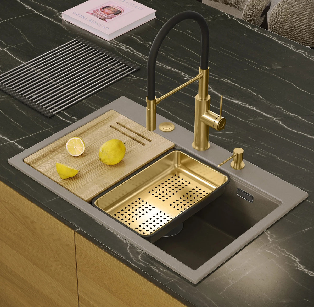 Chiuveta Din Granit MARC 110 WORKSTATION Beige Dop Auriu 9