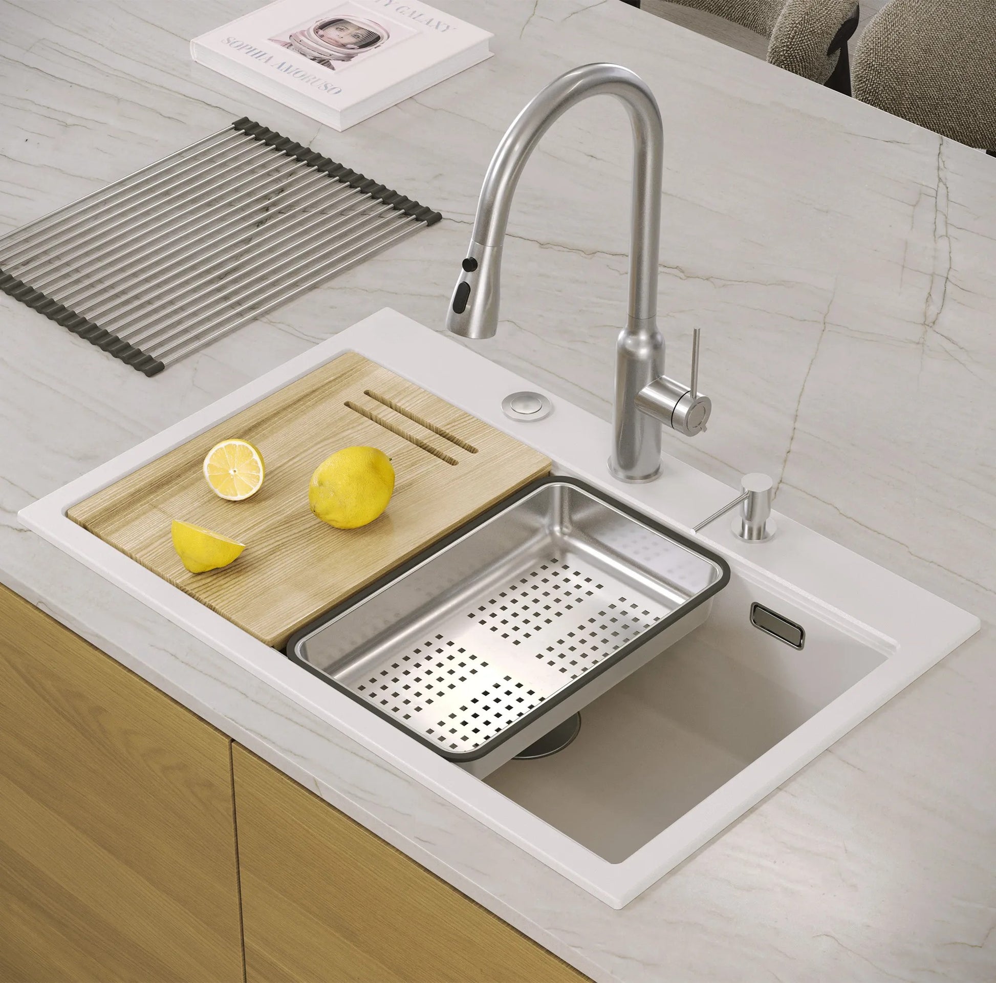 Chiuveta Din Granit MARC 110 WORKSTATION White Dop Cupru Periat 9