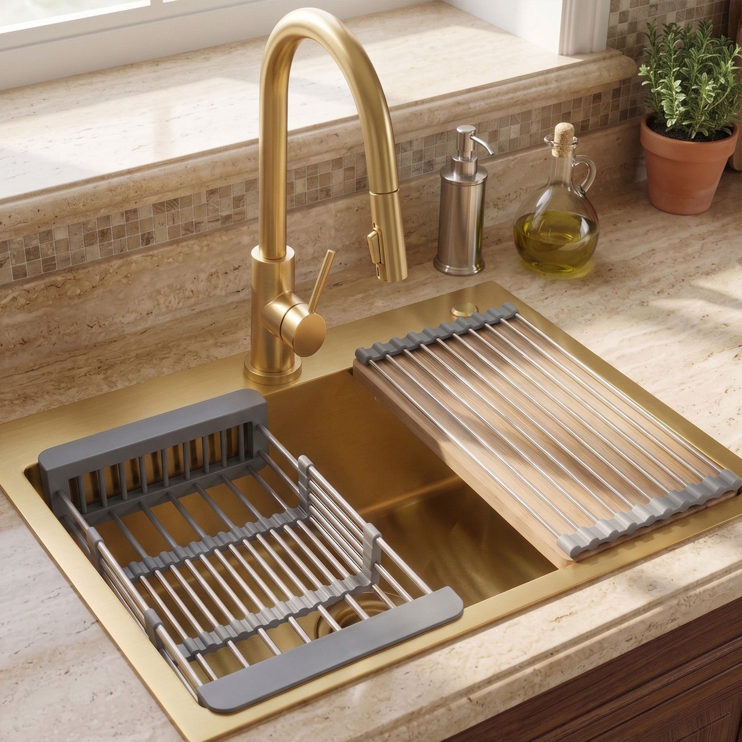 Chiuvetă Din Oțel Cu Set De Accesorii 3 Buc. REA Liam Brush Gold Accesorii Negre 4