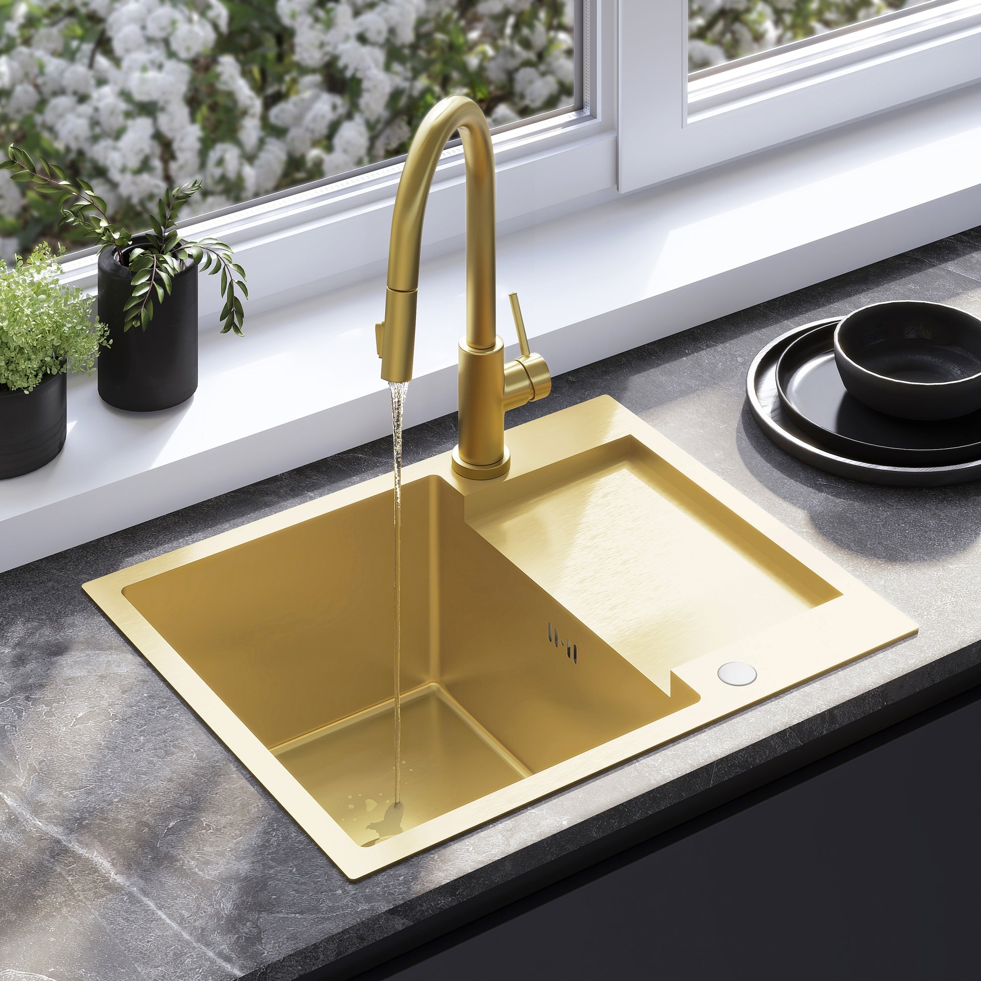 Chiuvetă Inox Paul Brush Gold cu robinet de bucătărie 1