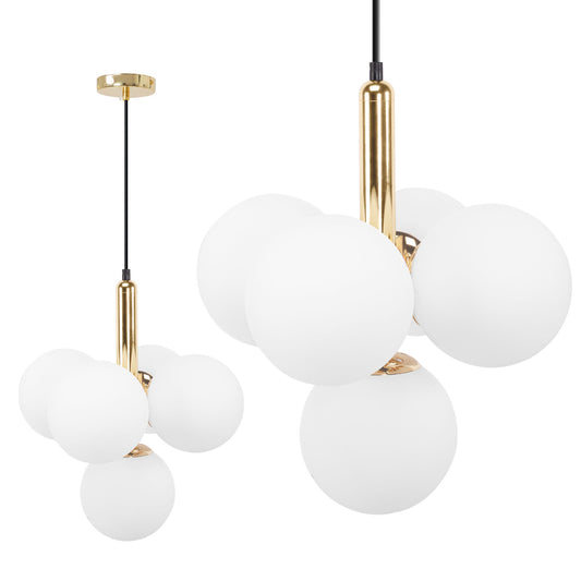LAMPA SUFITOWA WISZĄCA ZŁOTA Z BIAŁYMI KULAMI APP1574-5CP 1