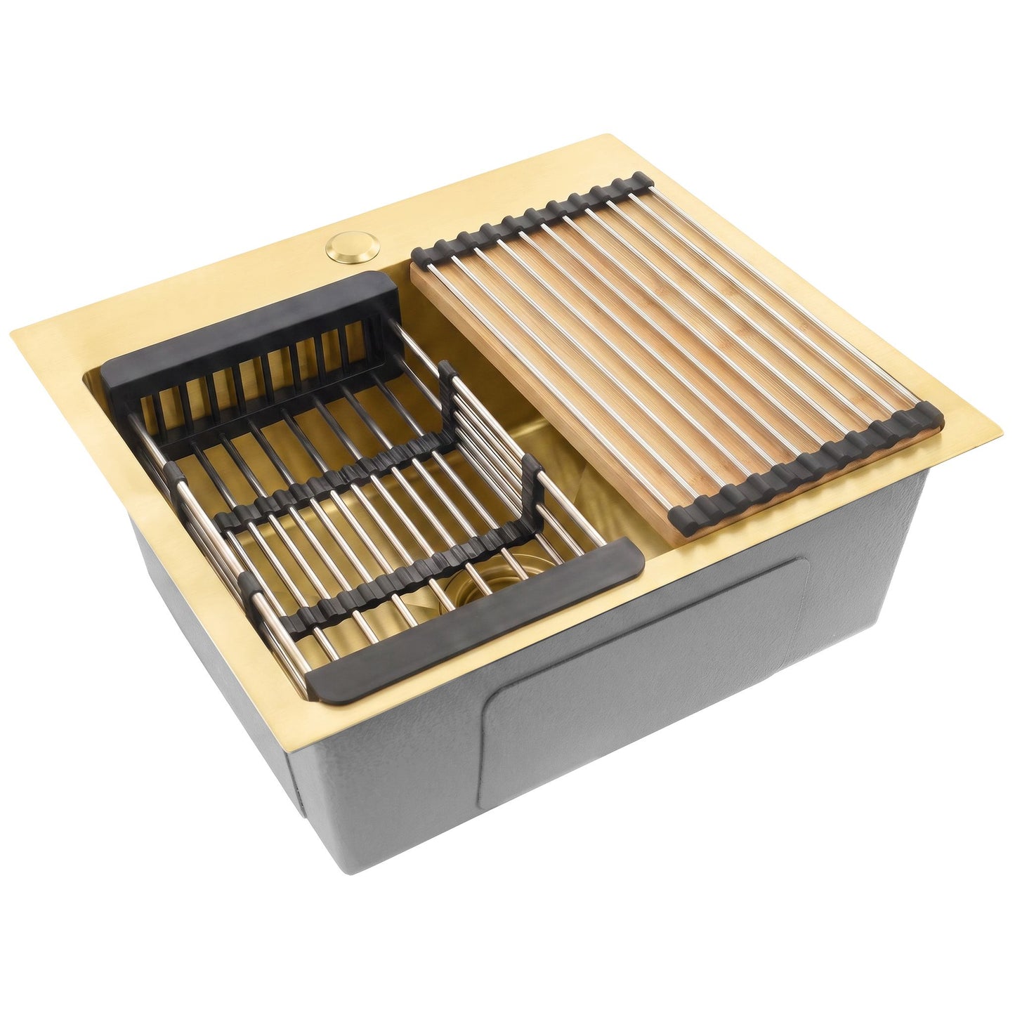 Chiuvetă Din Oțel Cu Set De Accesorii 3 Buc. REA Leo 50 Brush Gold Accesorii Negre 1