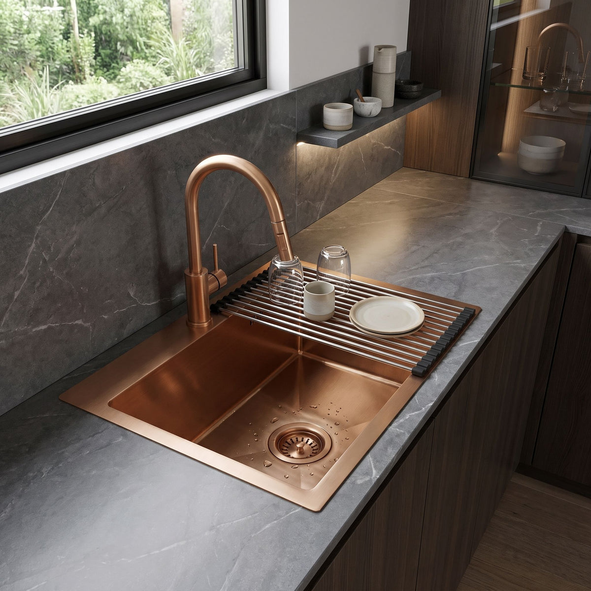 Chiuvetă Din Oțel Cu Set De Accesorii 3 Buc. REA Leo 50 Brush Copper Accesorii Gri 3