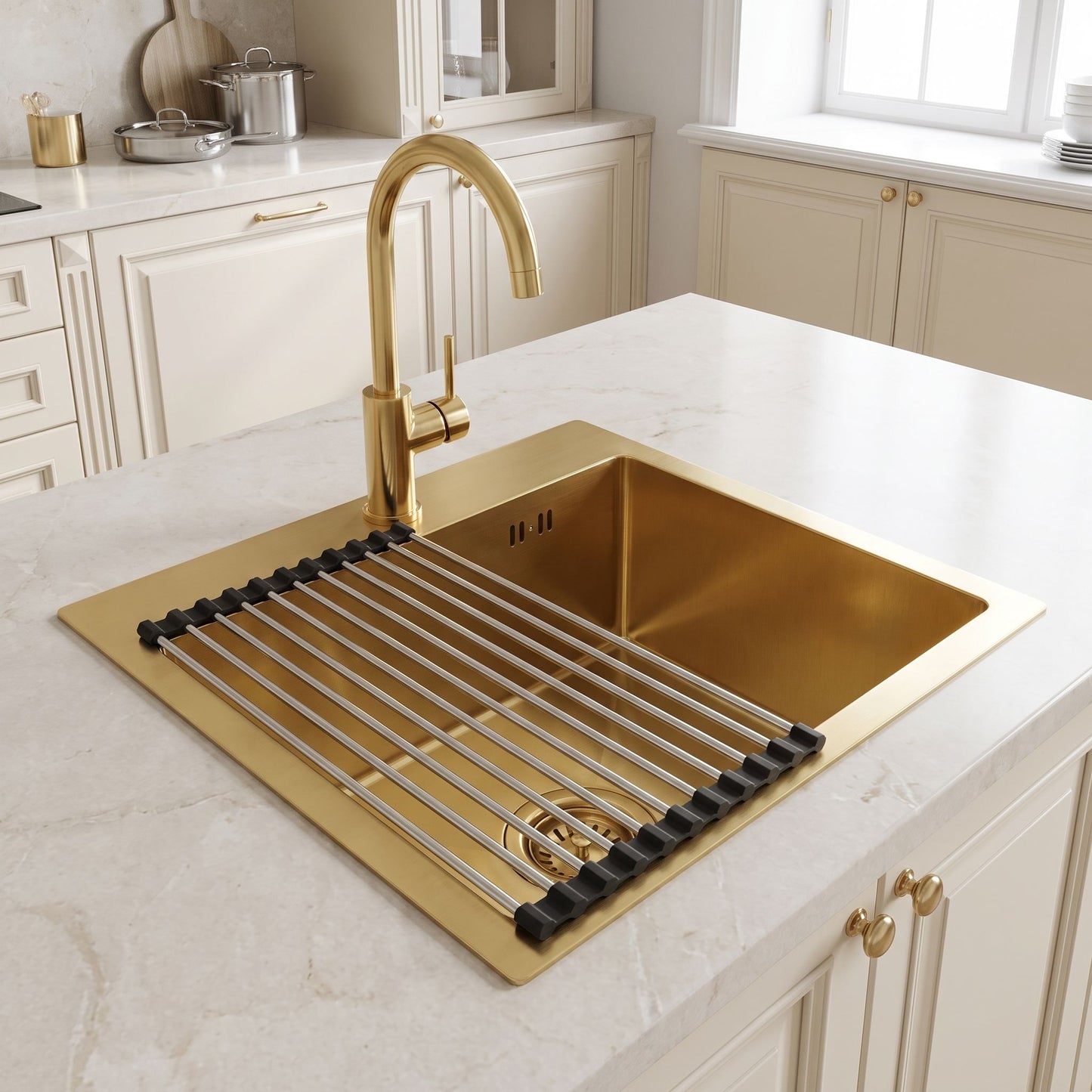 Chiuvetă Din Oțel Cu Set De Accesorii 3 Buc. REA Leo 40 Brush Gold Accesorii Bej 3
