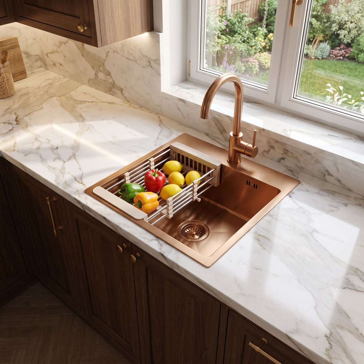 Chiuvetă Din Oțel Cu Set De Accesorii 3 Buc. REA Leo 40 Brush Copper Accesorii Bej 5