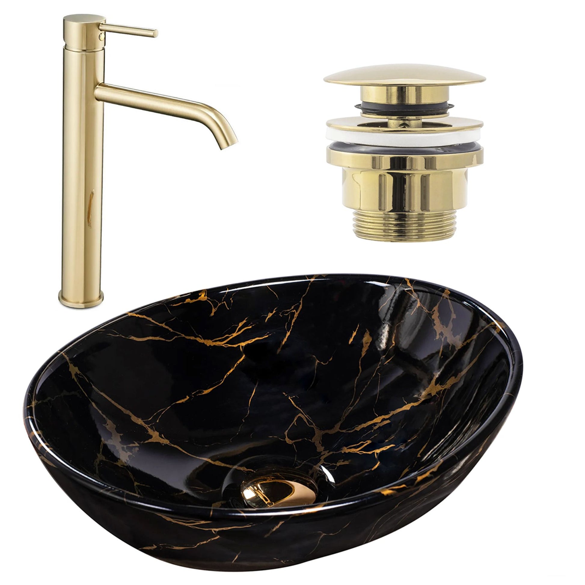 Set lavoar Sofia marble black + baterie inalta Lungo gold + dop universal gold 1