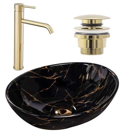 Set lavoar Sofia marble black + baterie inalta Lungo gold + dop universal gold 1