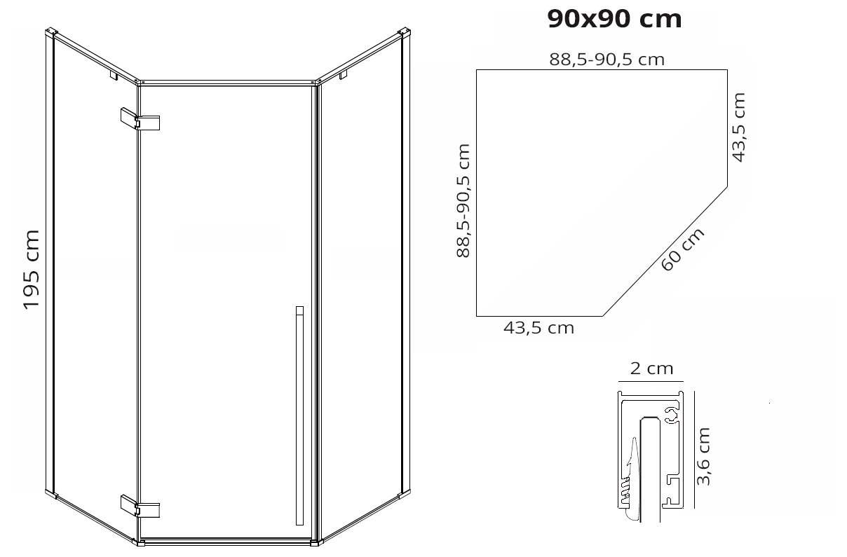 Cabina de dus DIAMOND GOLD  90x90 cm cu cadita Diamond negru 9