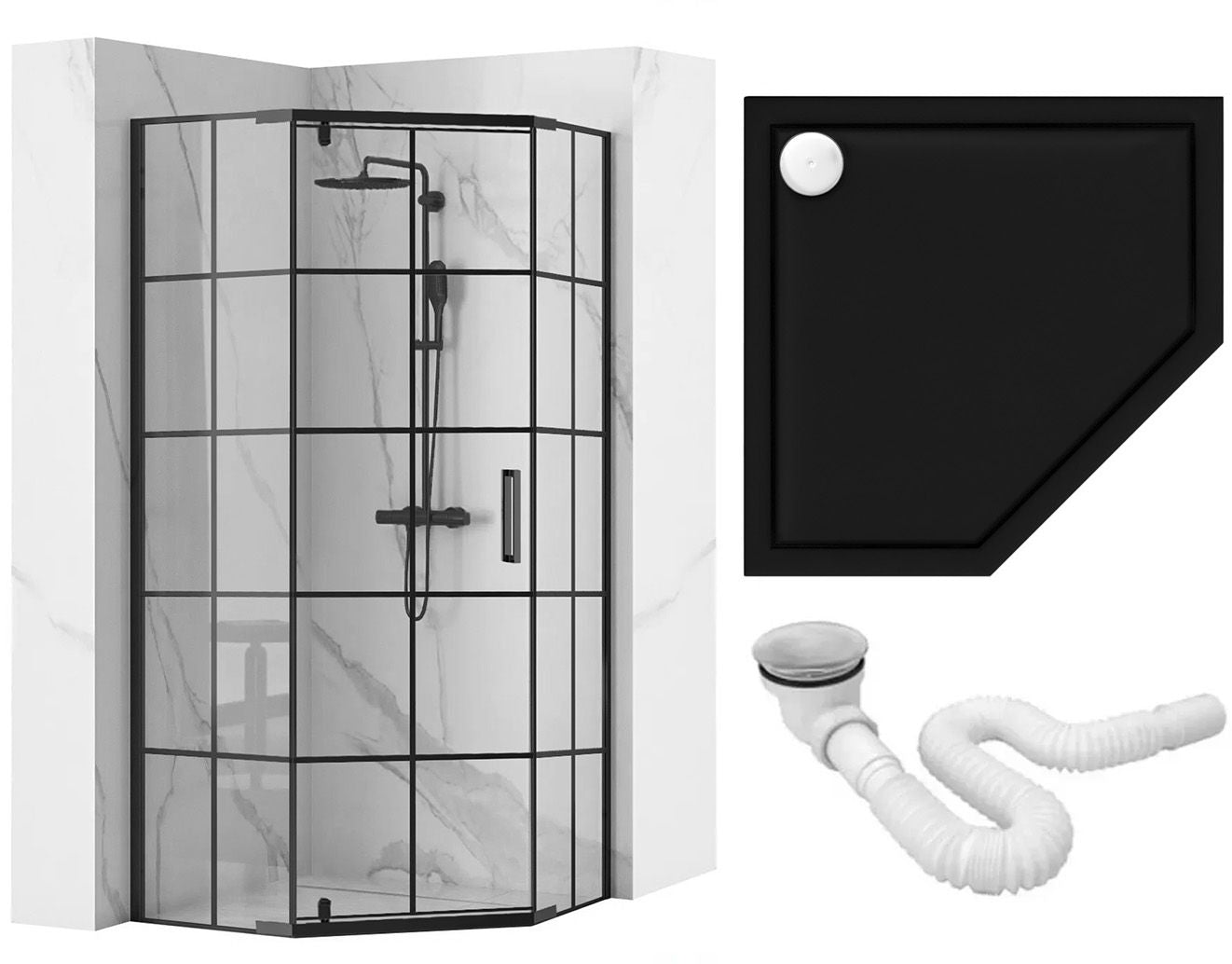 Cabina de dus DIAMOND BLACK MAT 90x90 cu cadita Diamond alb 12
