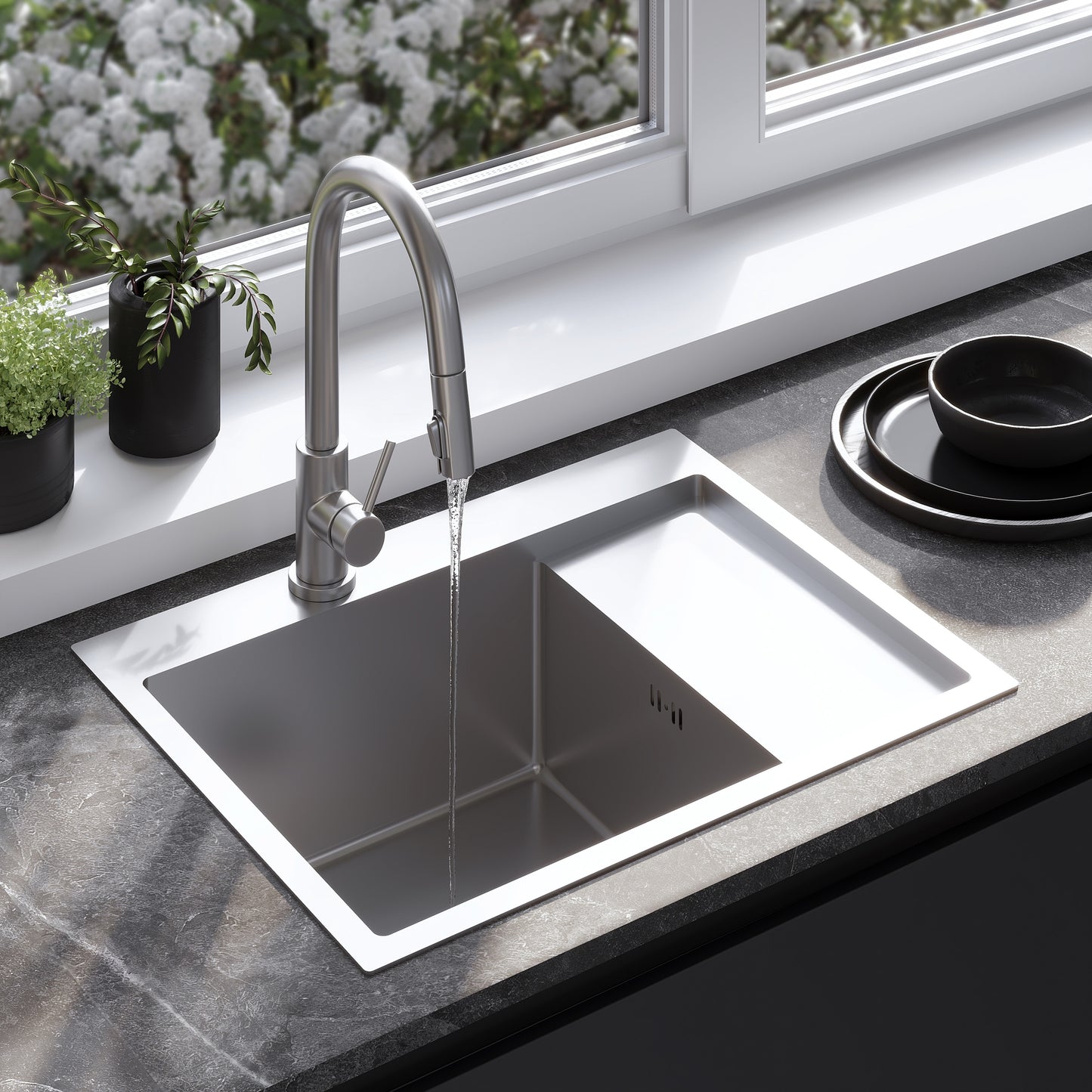 Chiuvetă Inox Fin Brush Nickel cu robinet de bucătărie 1