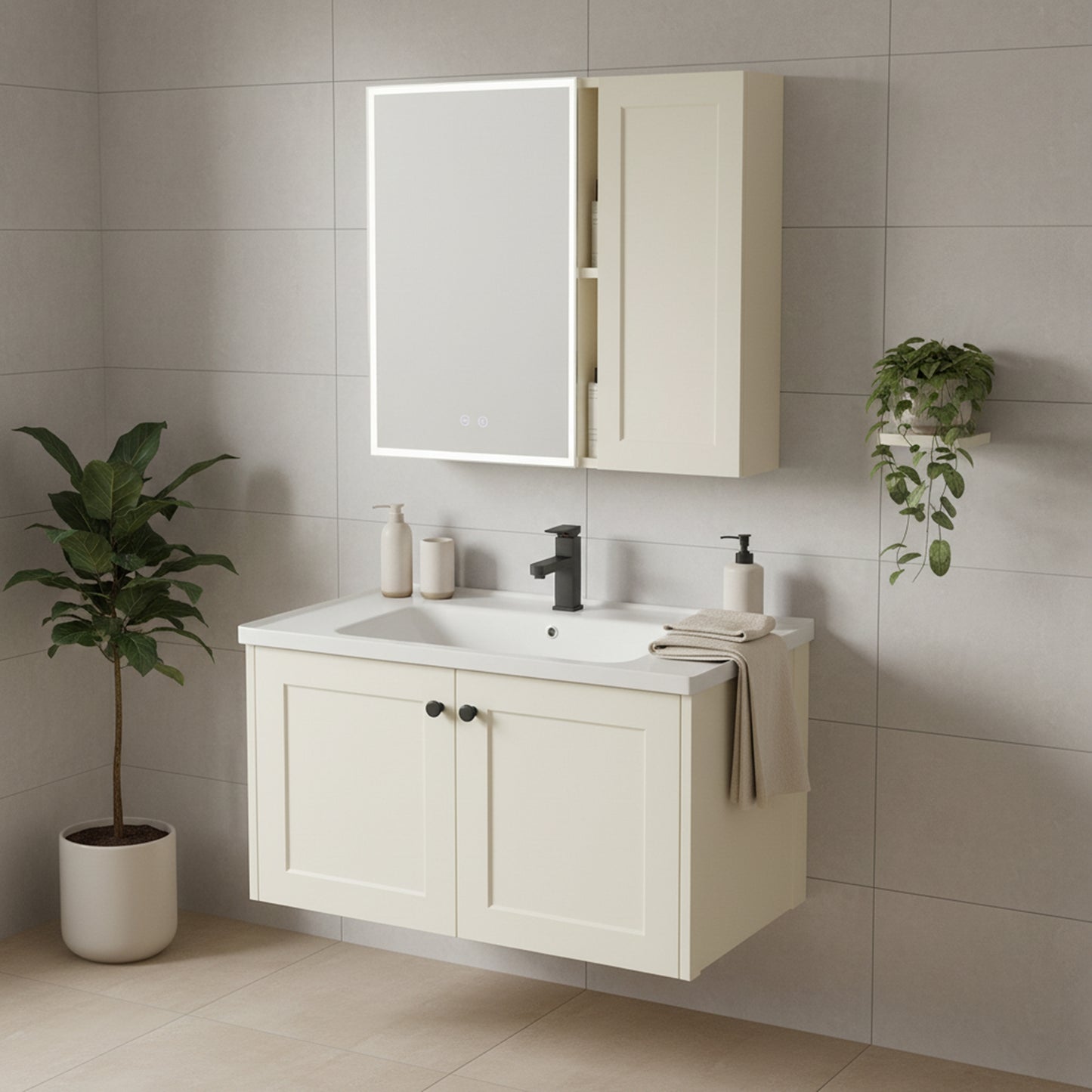Set mobilier de baie cu lavoar Monti 60cm Creme  3