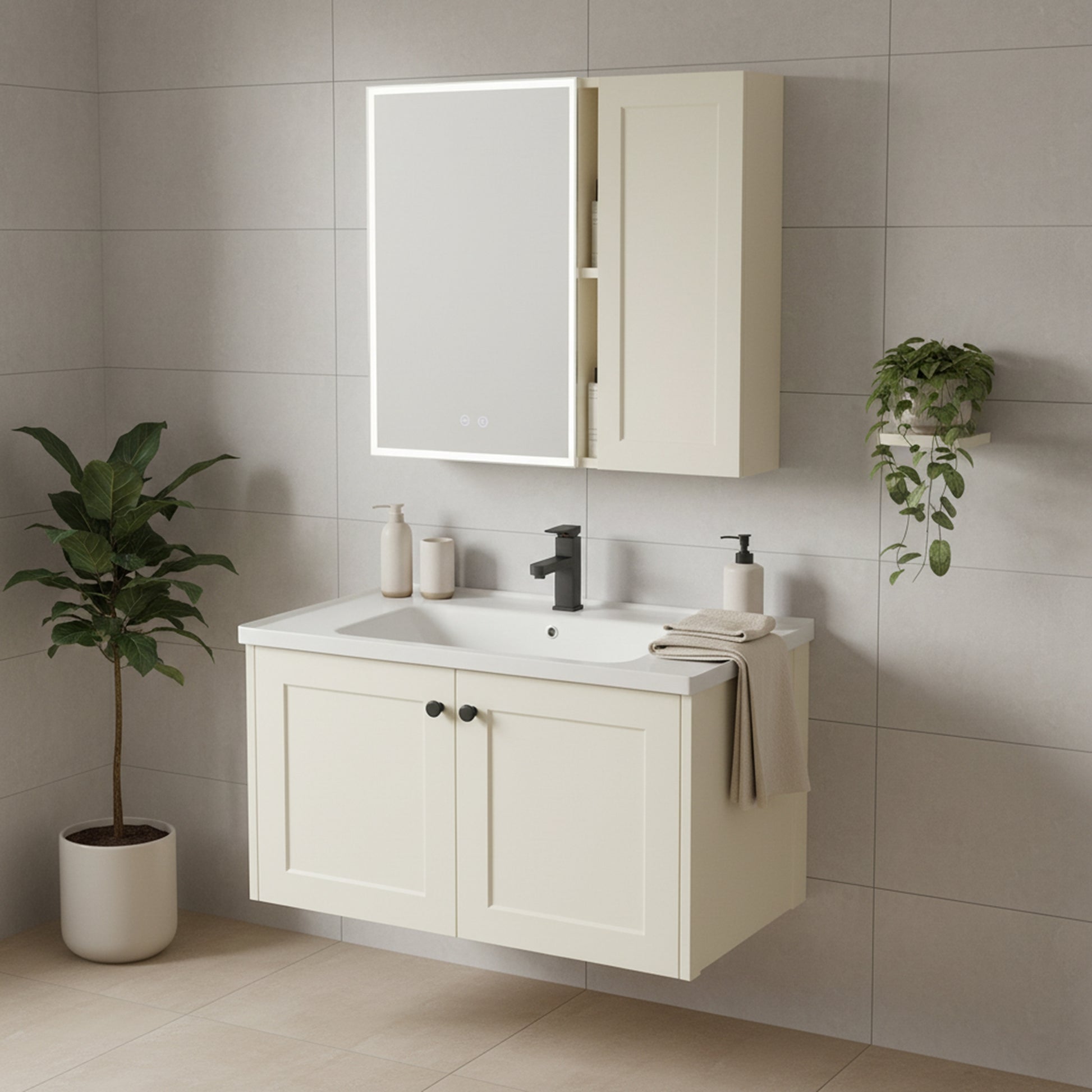 Set mobilier de baie cu lavoar Monti 60cm Creme  3