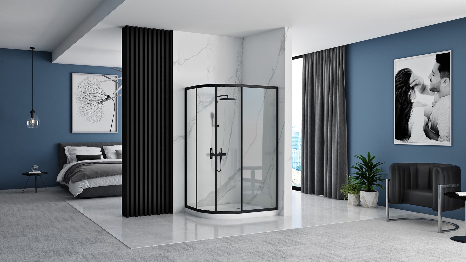 Cabina dus REA Look Black 80x100 + Cada de duș Look White dreapta 2