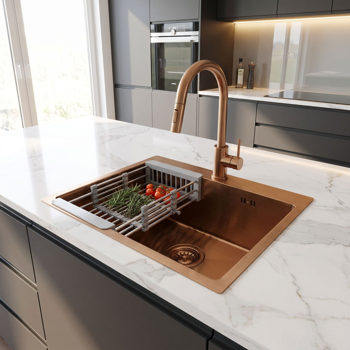 Chiuvetă Din Oțel Cu Set De Accesorii 3 Buc. REA Leo 50 Brush Copper Accesorii Bej 6