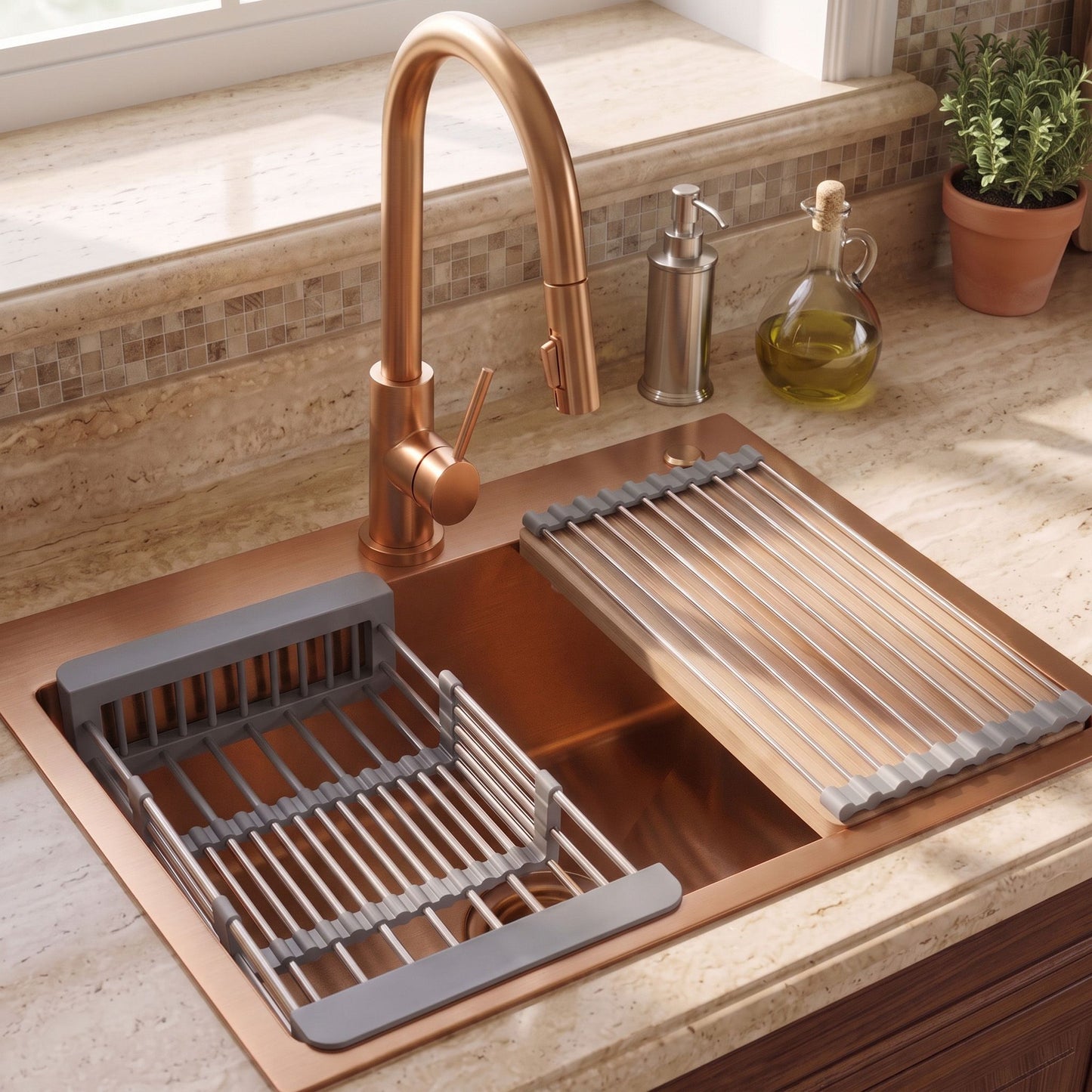 Chiuvetă Din Oțel Cu Set De Accesorii 3 Buc. REA Liam Brush Copper Accesorii Negre 4
